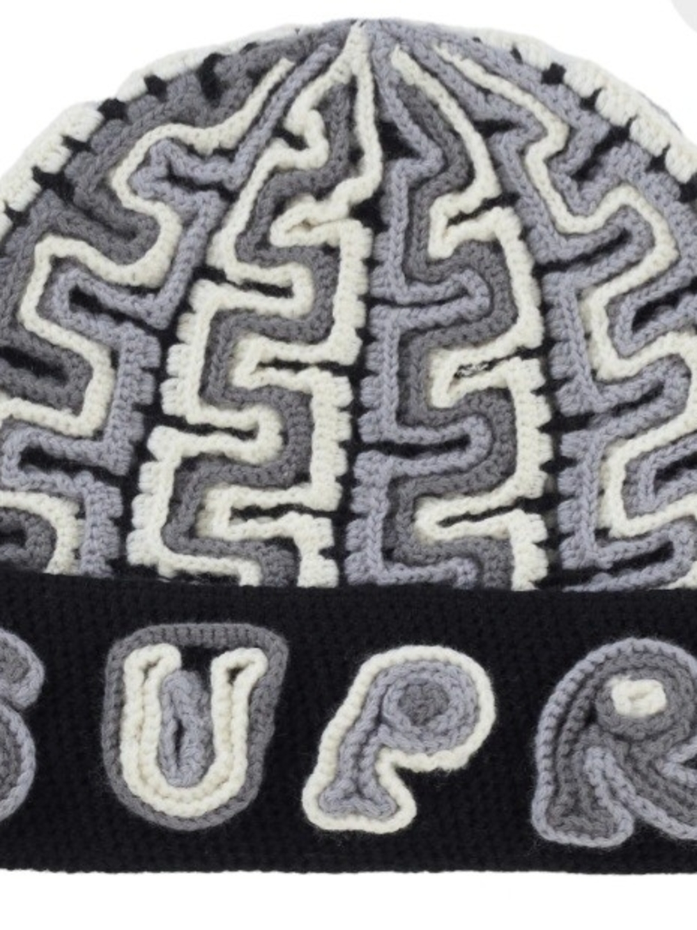 Supreme Black, Gray & Cream Crochet Beanie with Branded Applique